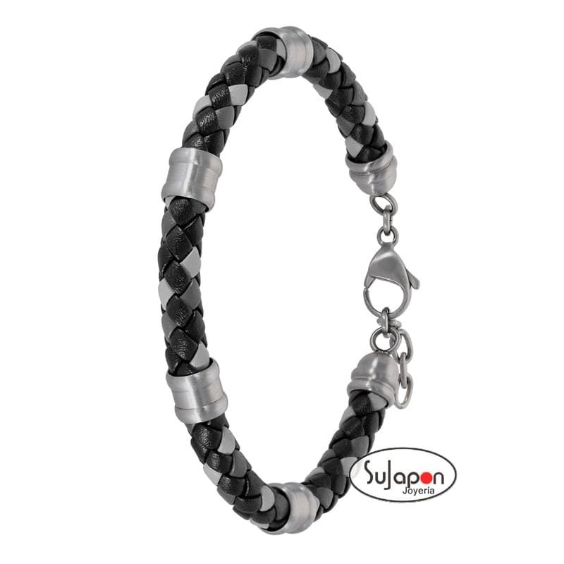 PULSERA  CUERO TRENZADO NEGRO Y GRIS  MAREA D00103/322