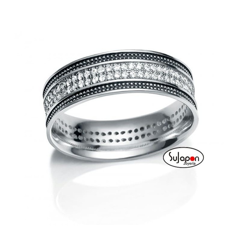 ANILLO PLATA ENVEJECIDA CIRCONITAS Y BORDES NEGROS