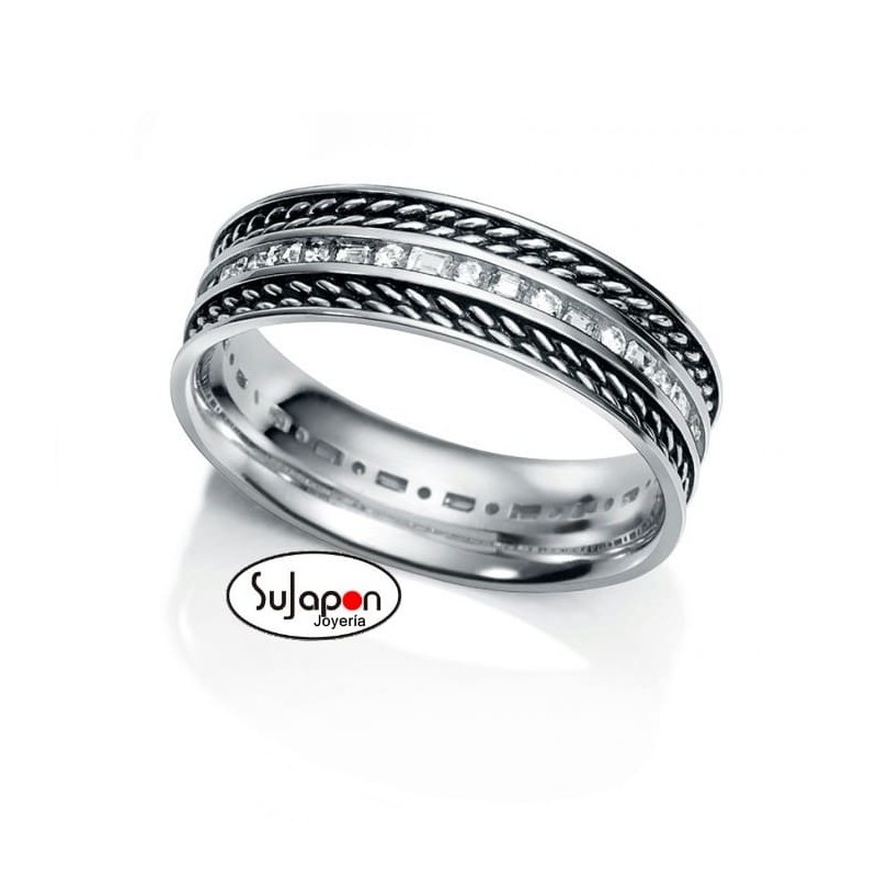 ANILLO PLATA ENVEJECIDA FILA CIRCONITAS Y BORDES NEGROS