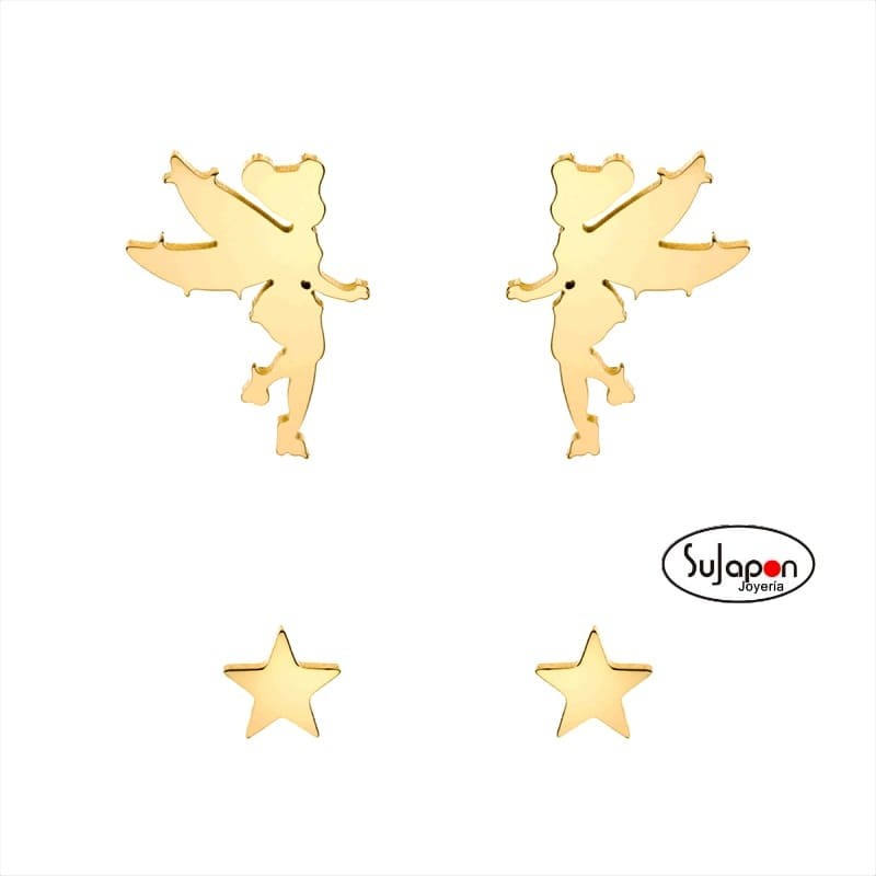 PENDIENTES DISNEY DE CAMPANILLA Y ESTRELLA DE ACERO DORADO