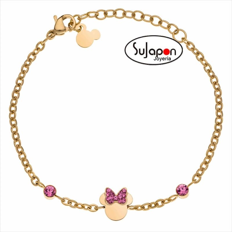 PULSERA DISNEY DE ACERO DORADO MINNIE LAZO ROSA