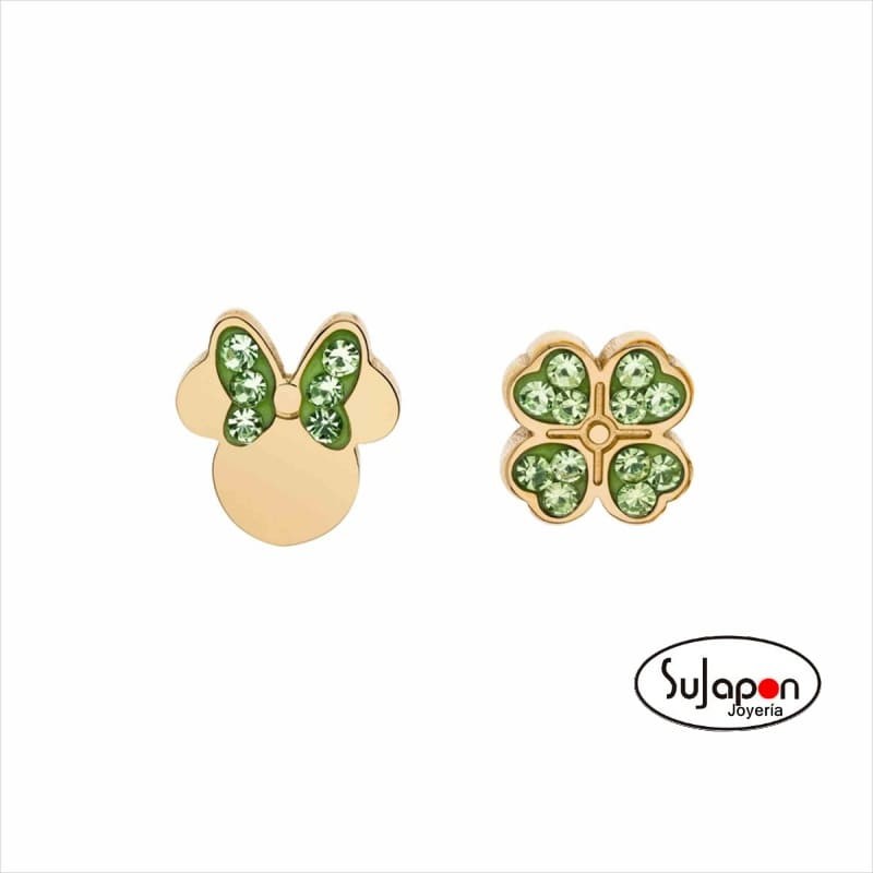 PENDIENTES DISNEY DE MINNIE Y TRÉBOL VERDE DE ACERO DORADO
