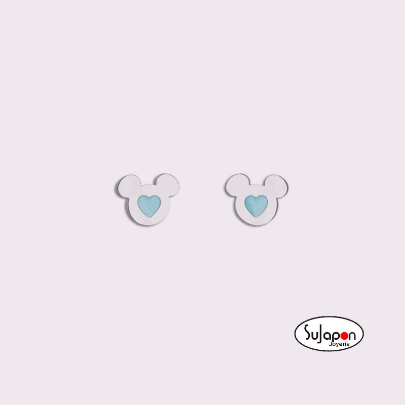 PENDIENTES DISNEY DE MICKEY MOUSE DE ACERO CON CORAZÓN AZUL
