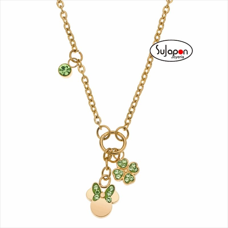 COLLAR DISNEY DE ACERO DORADO MINNIE Y TRÉBOL VERDE