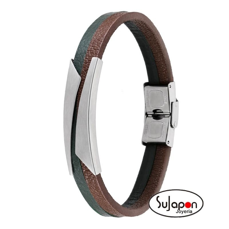 PULSERA  CUERO MARRÓN Y VERDE MAREA C00103/305