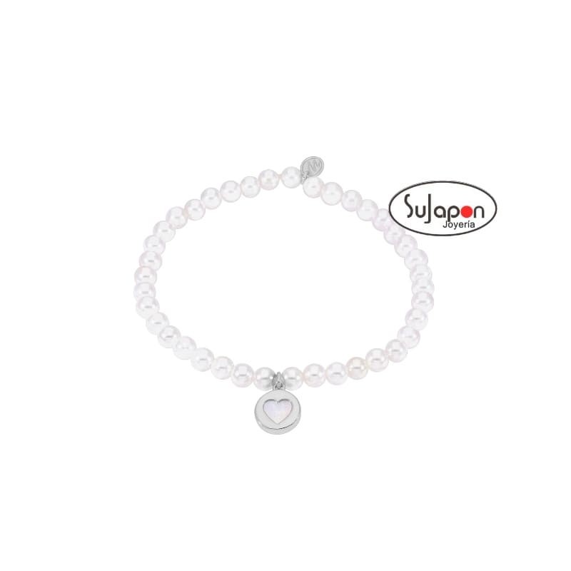 PULSERA PERLAS Y PLATA MAREA CON CORAZÓN NÁCAR