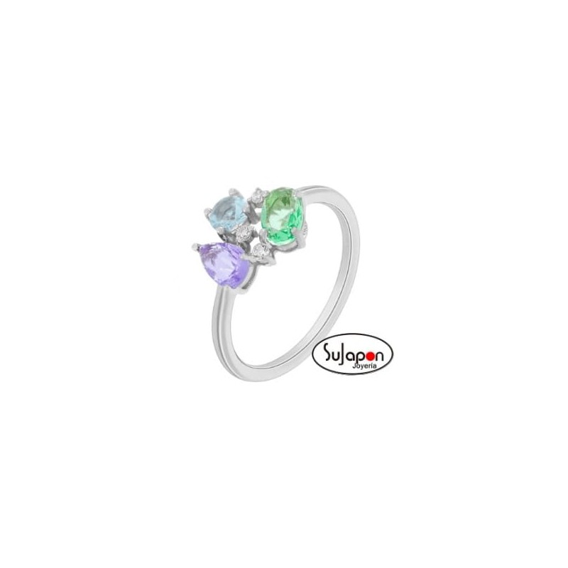 SORTIJA PLATA CON CIRCONITAS AZUL, VERDE Y LAVANDA MAREA JEWELS