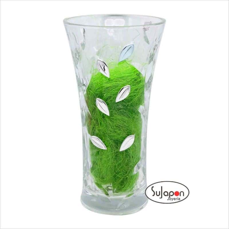 JARRÓN CRISTAL TALLADO RAMAS Y HOJAS DE PLATA