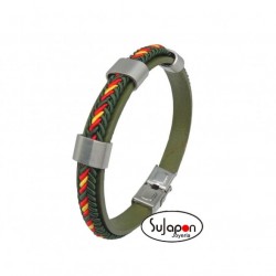 PULSERA  CUERO E HILO VERDE, ROJO Y AMARILLO