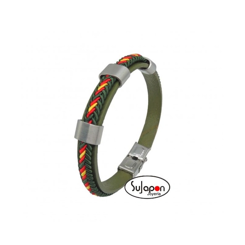 PULSERA  CUERO E HILO VERDE, ROJO Y AMARILLO