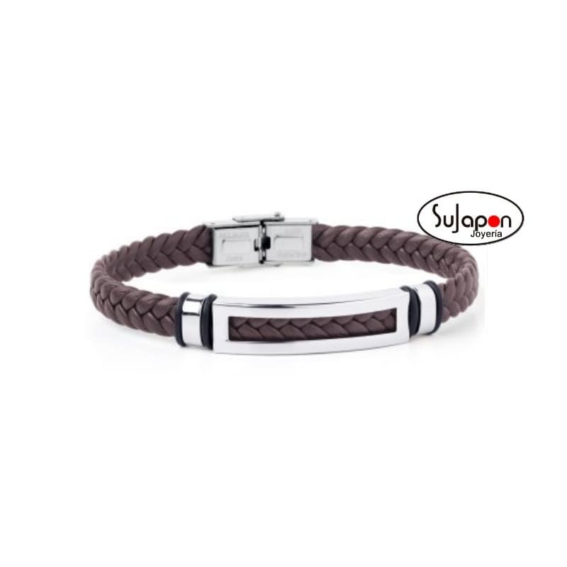 PULSERA CUERO TRENZADO MARRON Y ACERO TREND