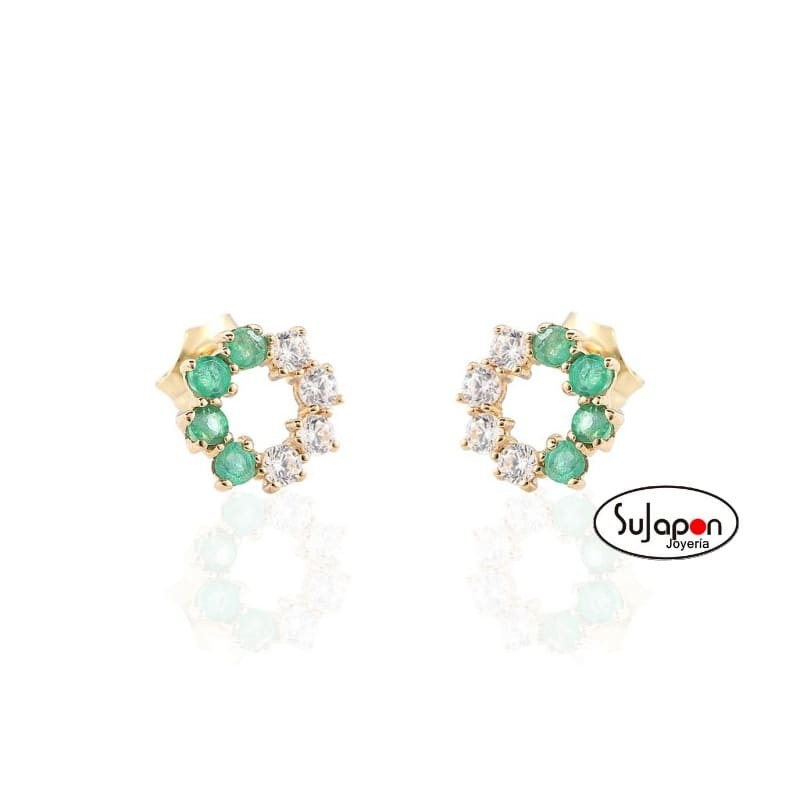 PENDIENTES DE ORO CIRCULO CON 4 ESMERALDAS Y 4 CIRCONITAS