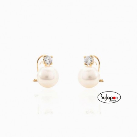 PENDIENTES DE ORO PERLA Y CIRCONITA 4 GARRAS CIERRE OMEGA