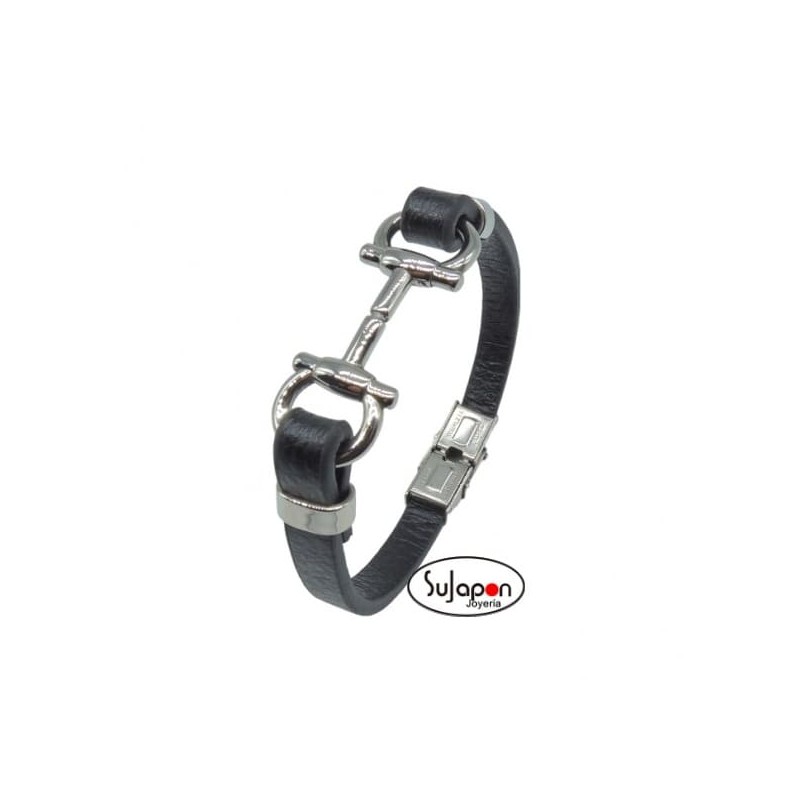 PULSERA  CUERO NEGRO Y ACERO