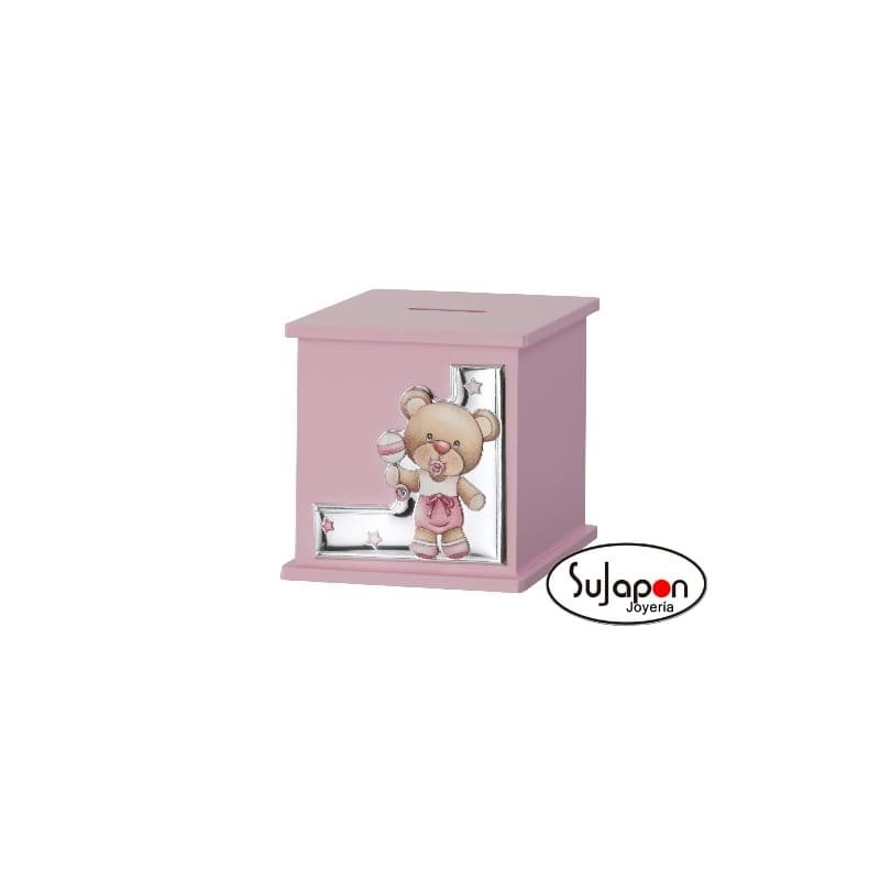 HUCHA INFANTIL ROSA CON OSITO Y SONAJERO DE PLATA