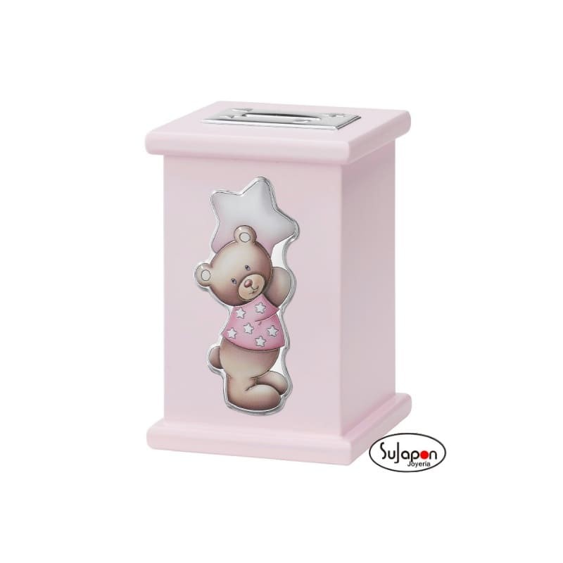 HUCHA INFANTIL MUSICAL ROSA CON OSITO CON ESTRELLA