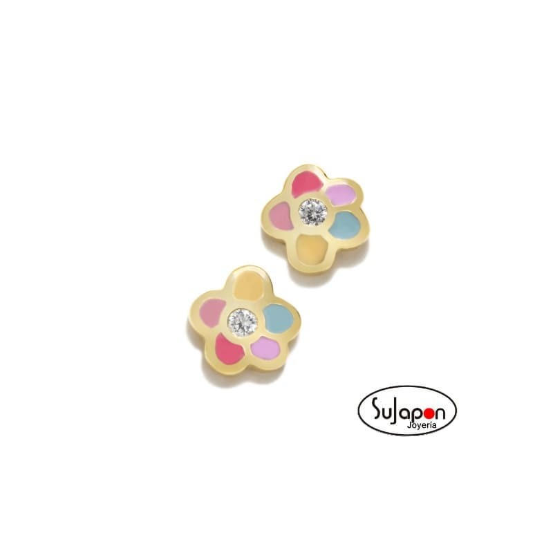 PENDIENTES ROSCA FLOR COLORES PASTEL CON CIRCONITA DE AGATHA RUIZ DE LA PRADA CHAPADO EN ORO