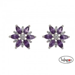 PENDIENTES PLATA FLOR CON CIRCONITAS BLANCAS Y VIOLETAS