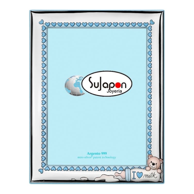 Marco de foto de plata infantil "I love milk" 13 x 18 azul