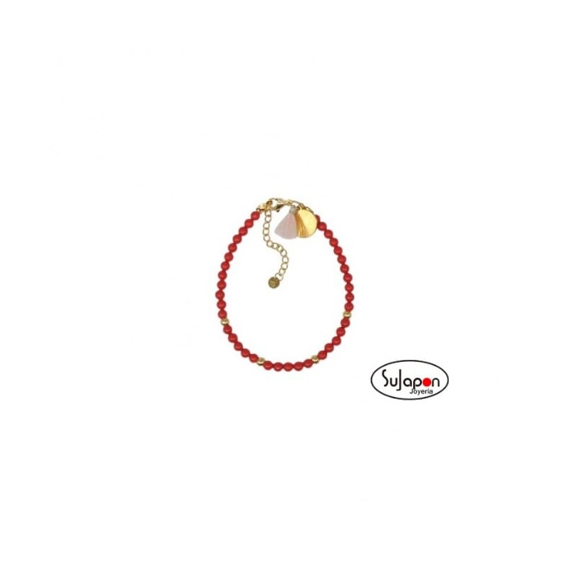 PULSERA DE ACERO DORADO Y PIEDRAS ROJAS
