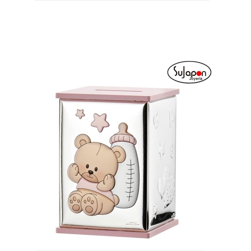 HUCHA INFANTIL DE PLATA CON OSITO Y BIBERON ESMALTADOS A COLOR