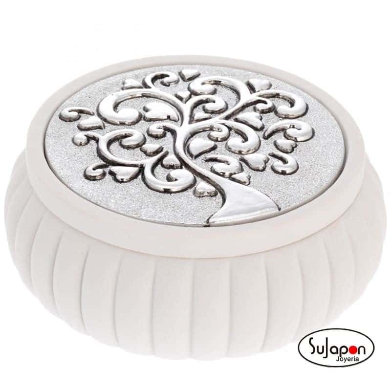 Caja blanca redonda con árbol de la vida