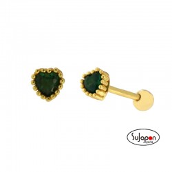 PENDIENTES PLATA DORADA CON FORMA DE CORAZON VERDE TIPO PIERCING