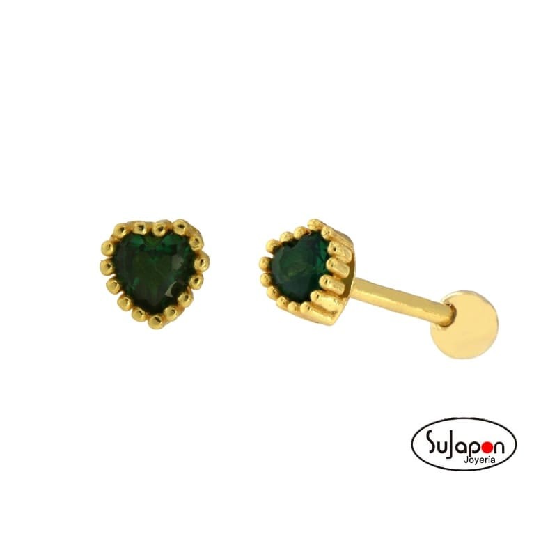 PENDIENTES PLATA DORADA CON FORMA DE CORAZON VERDE TIPO PIERCING