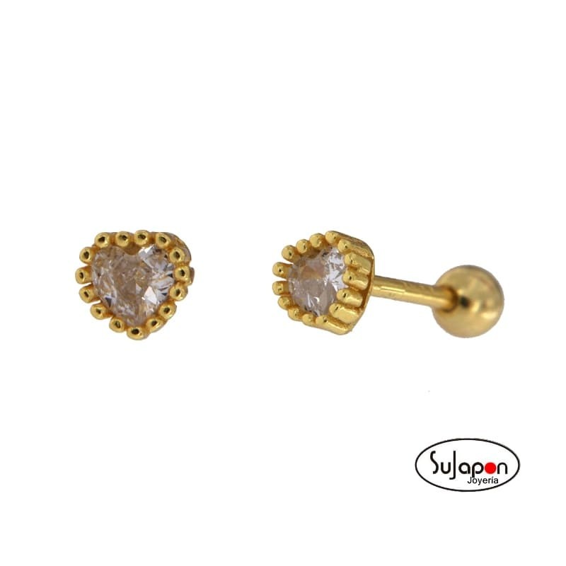 PENDIENTES PLATA DORADA CON FORMA DE CORAZÓN CIRCONITA TIPO PIERCING