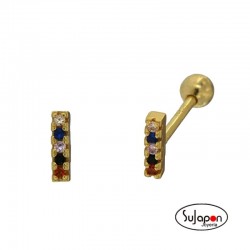 PENDIENTES PLATA DORADA CON 5 CIRCONITAS COLORES TIPO PIERCING