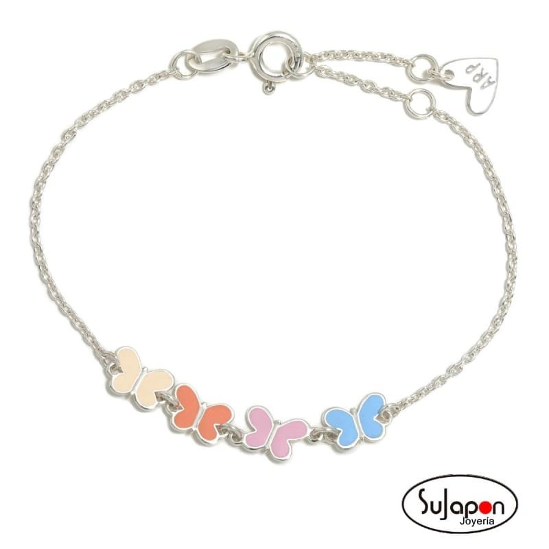 PULSERA SUPERAGATHA PASTEL 4 MARIPOSAS PLATA COLORES PASTEL