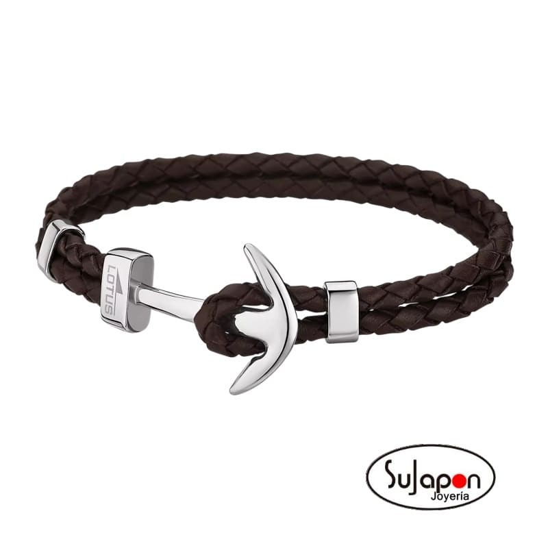 Pulsera de cuero trenzado marrón con ancla Lotus Style