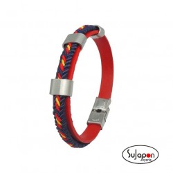 PULSERA  CUERO ROJO E HILO AZUL, ROJO Y AMARILLO