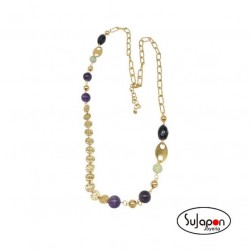 COLLAR DE ACERO DORADO Y PRIEDAS VERDES, NEGRAS Y VIOLETAS