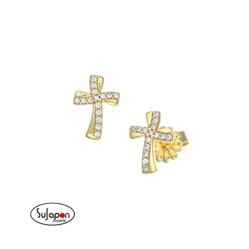 Pendientes de cruz ondulada bañados en oro con circonitas blancas Amen
