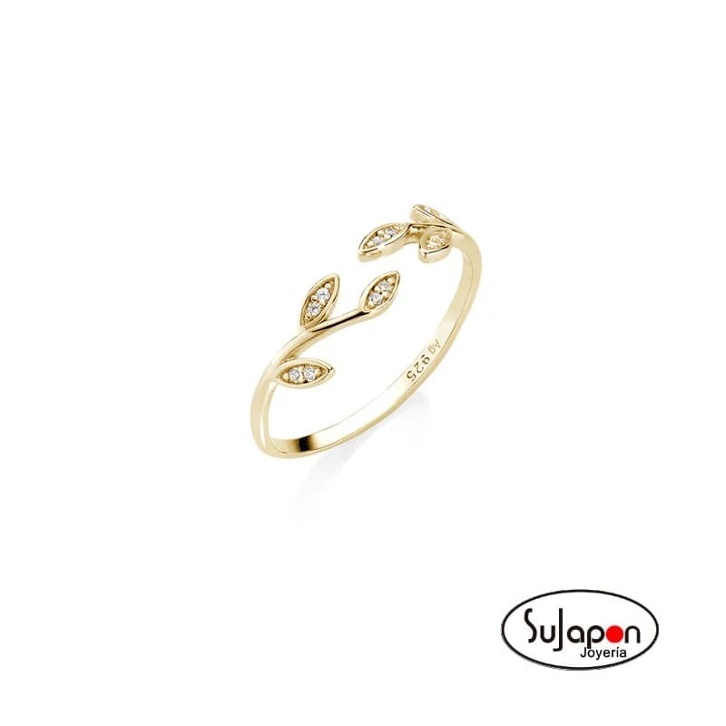Anillo plata chapada en oro ajustable con hojas con circonita blanca Amen