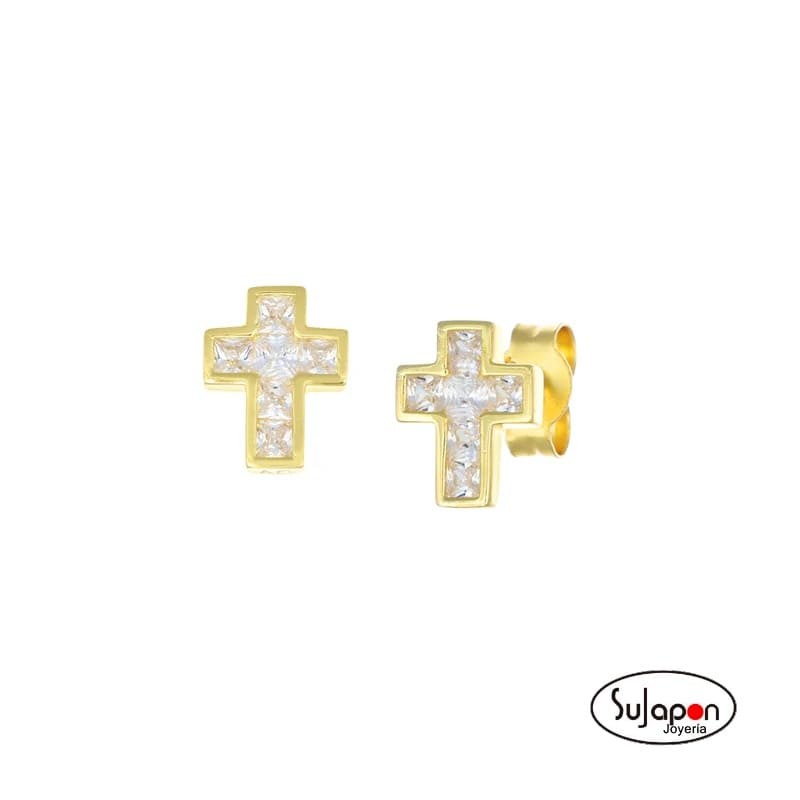 Pendientes Cruz Bañados en Oro y Circonitas Amen