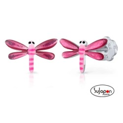 PENDIENTES PLATA ESMALTADA LA PETRA LIBELULA ROSA DE ROSCA