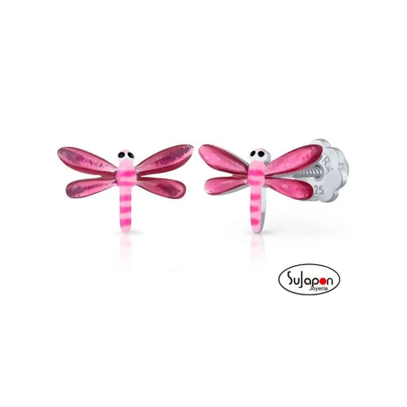 PENDIENTES PLATA ESMALTADA LA PETRA LIBELULA ROSA DE ROSCA