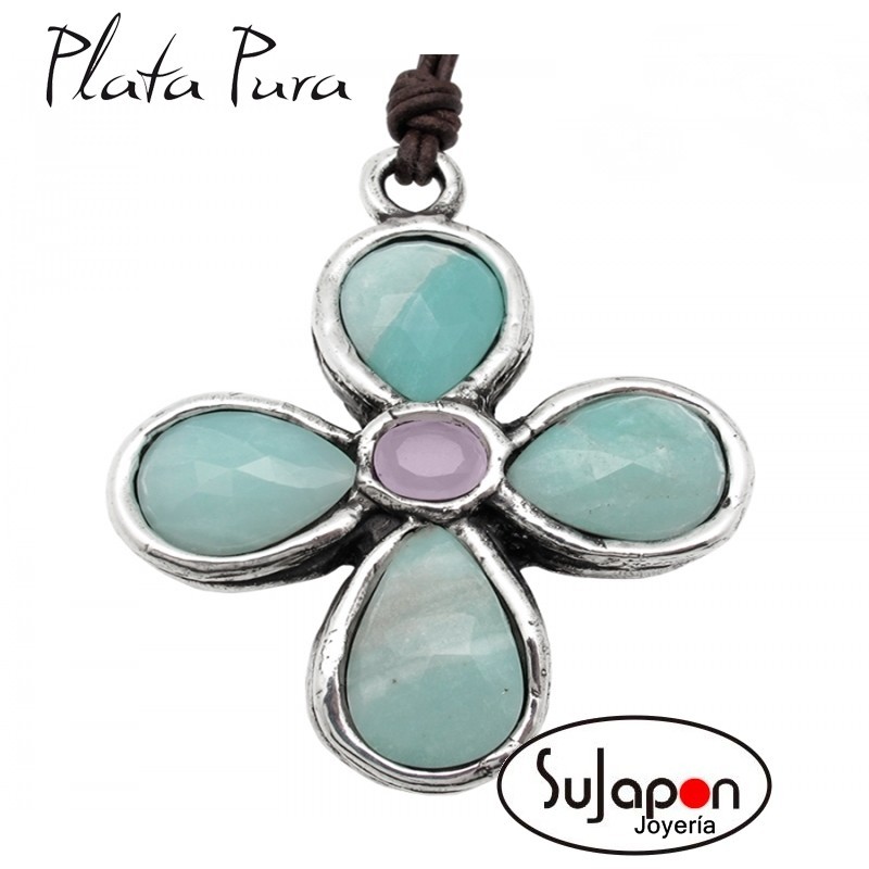 COLGANTE CRUZ JADE Y GLASS PLATA PURA