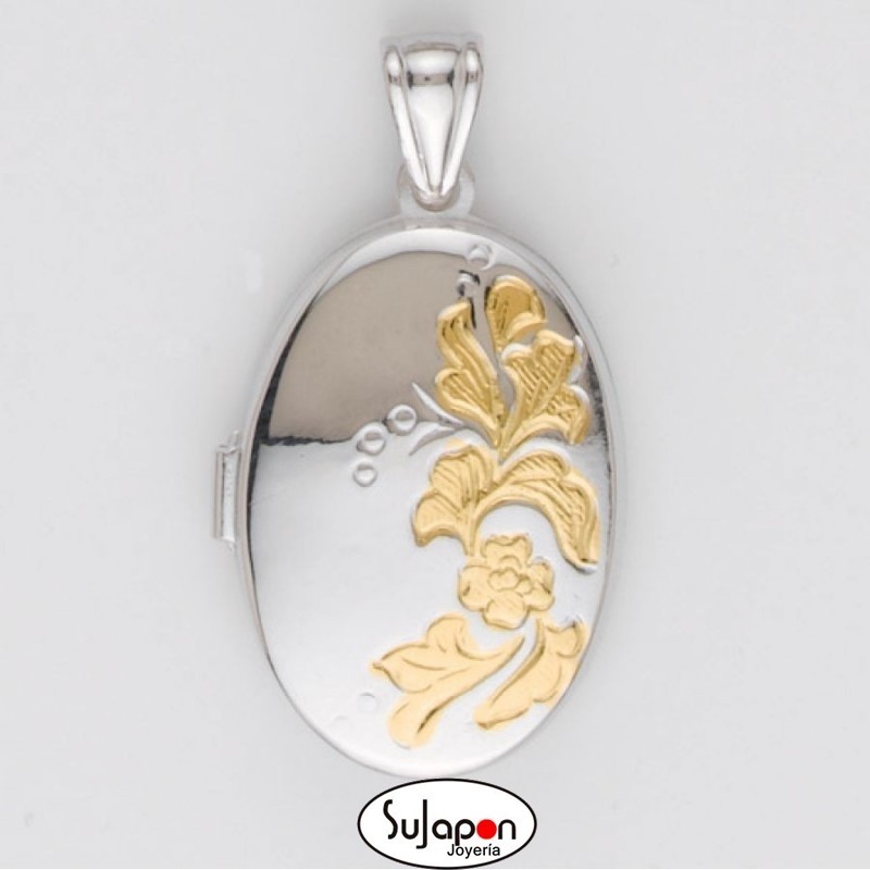 COLGANTE DE PLATA PORTAFOTOS OVALADO CON RAMA EN CHAPADO