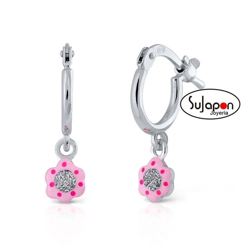 PENDIENTES ARO PLATA FLOR ROSA, LA PETRA