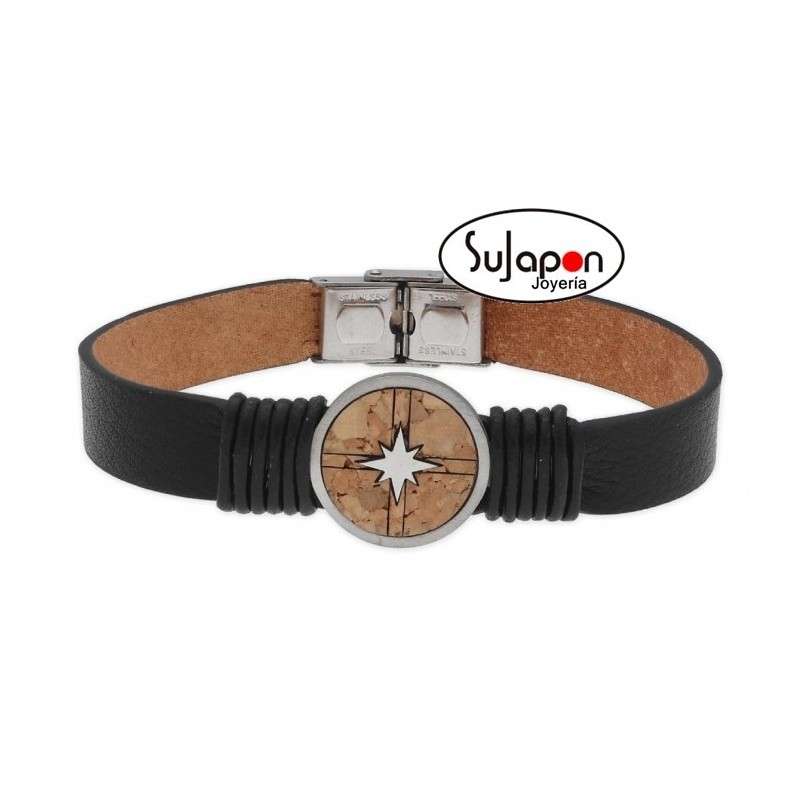 PULSERA CUERO MADERA Y ACERO LISKA NAT061BR