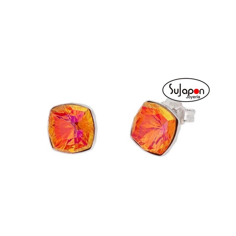 Pendientes Liska de plata y cristal cuadrado naranja