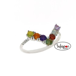 SORTIJA PLATA CON 7 CIRCONITAS COLORES DE AC. FORMA V
