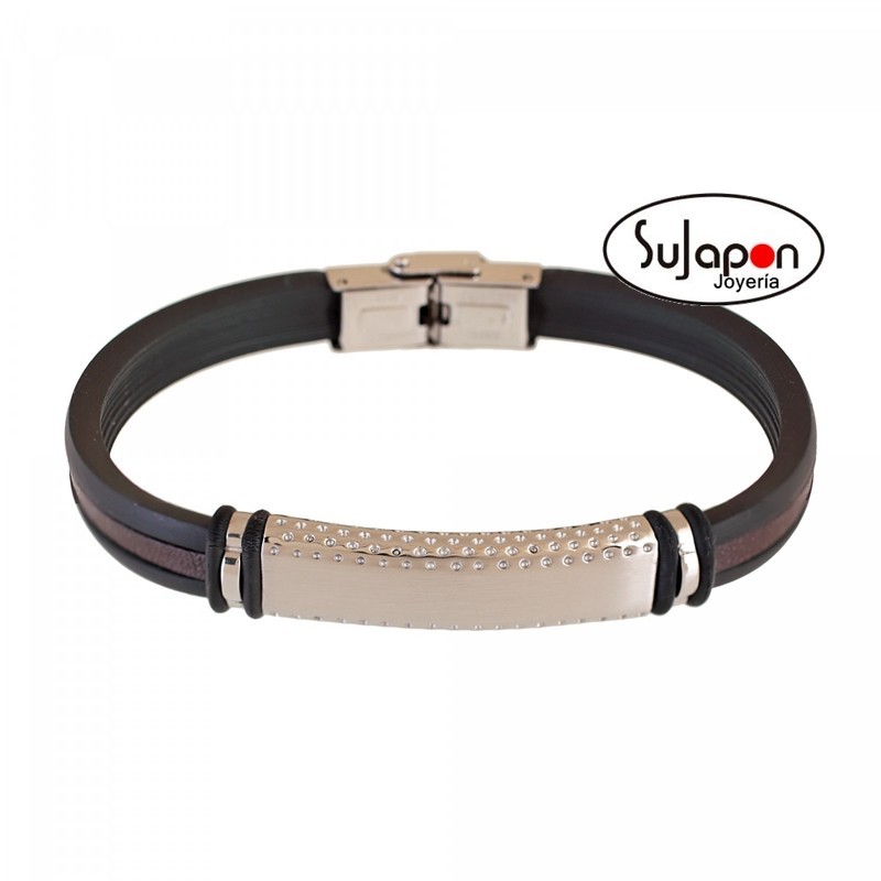 PULSERA CAUCHO PIEL Y ACERO NEGRA Y MARRON  AVANTY