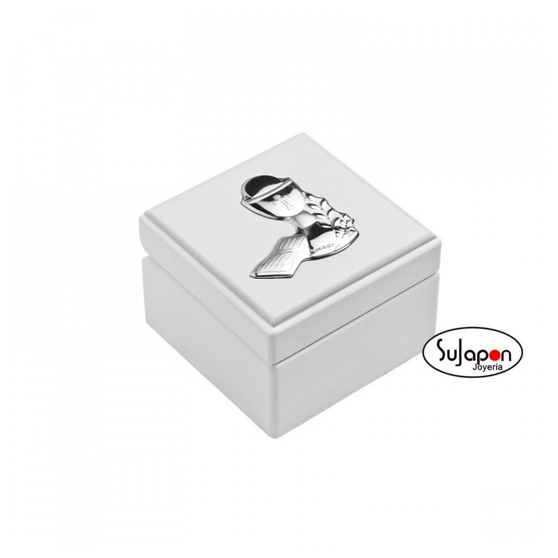 ESTUCHE DE MADERA Y CÁLIZ PLATA CON ROSARIO