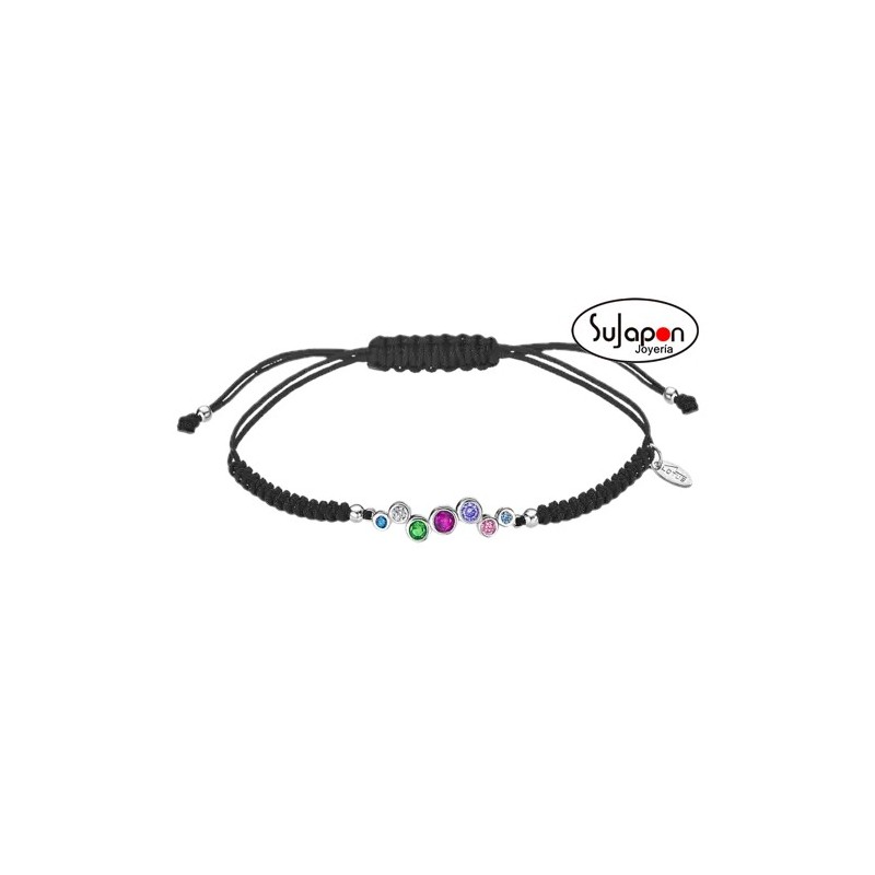 Pulsera Lotus Silver Plata e hilo negro con circonitas de colores