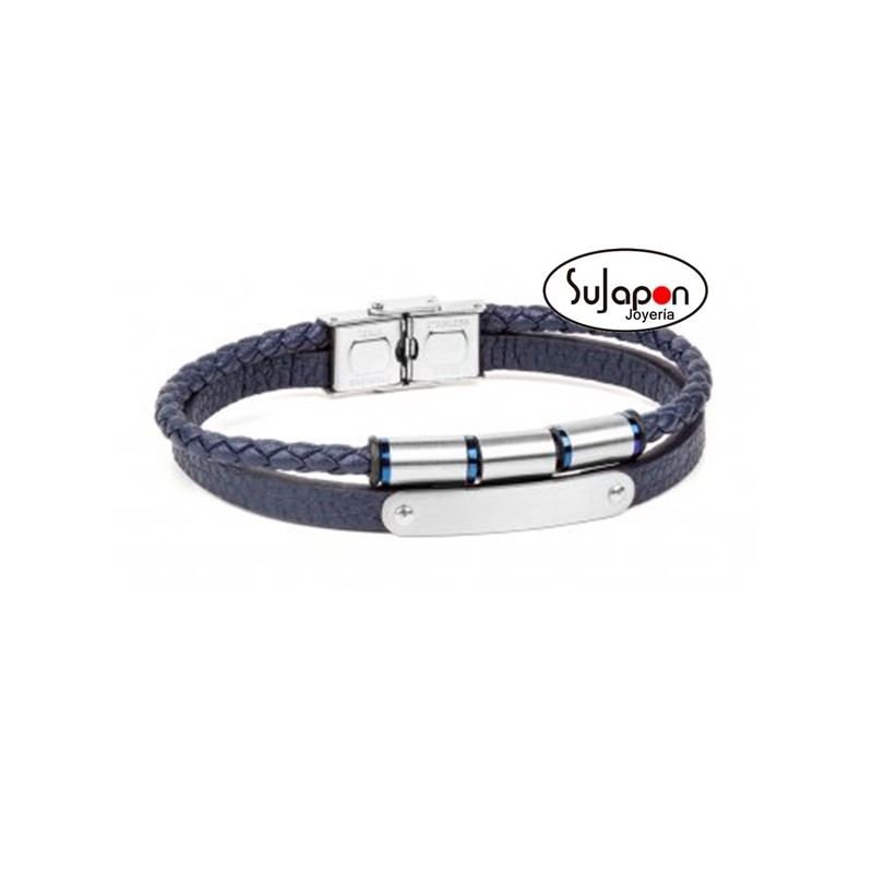 Pulsera de cuero azul y acero