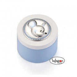 Cajita de madera con aplicación de plata con ratoncito en azul y blanco.